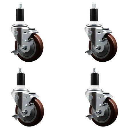 Service Caster 4'' SS Maroon Poly Swivel 1-3/8'' Expanding Stem Caster Set with Brake, 4PK SCC-SSEX20S414-PPUB-MRN-TLB-138-4